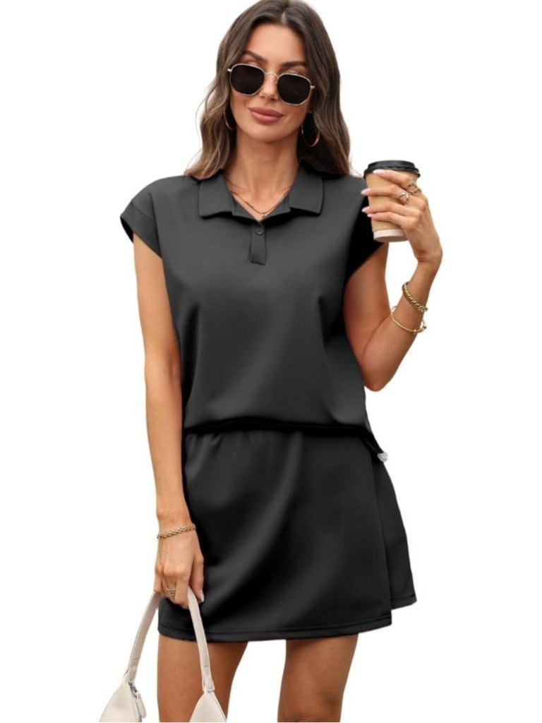 Women's Black 2 Pcs Skirt Set Builtin Shorts Drawstring Waist Summer Outfit
